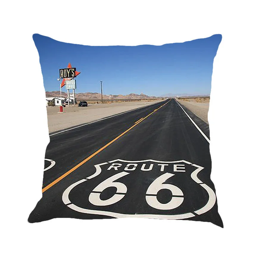 Route 66 landscape pattern linen cushion cover measuring 45cm square with cotton-linen blend material