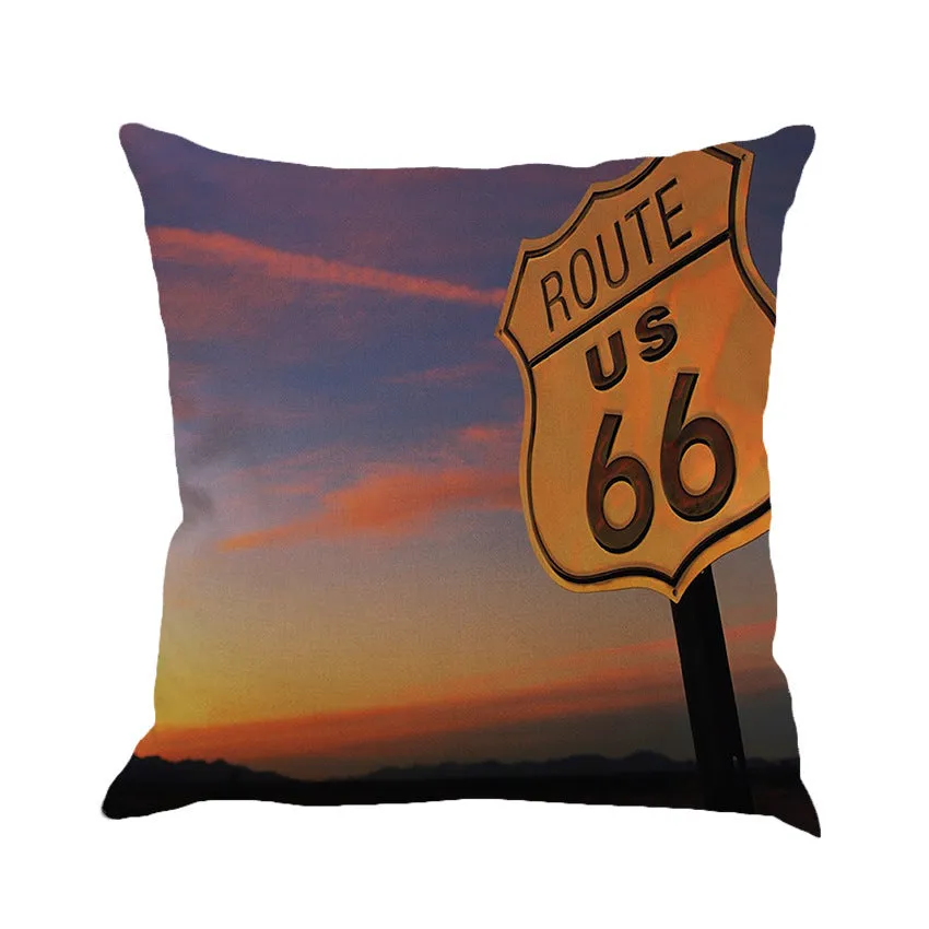 Route 66 landscape pattern linen cushion cover measuring 45cm square with cotton-linen blend material