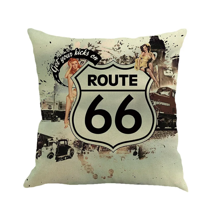Route 66 landscape pattern linen cushion cover measuring 45cm square with cotton-linen blend material