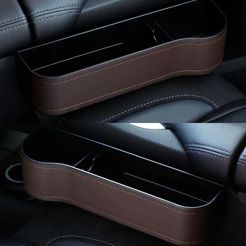 PU leather car seat gap storage box in black holding a smartphone and wallet between the console and seat