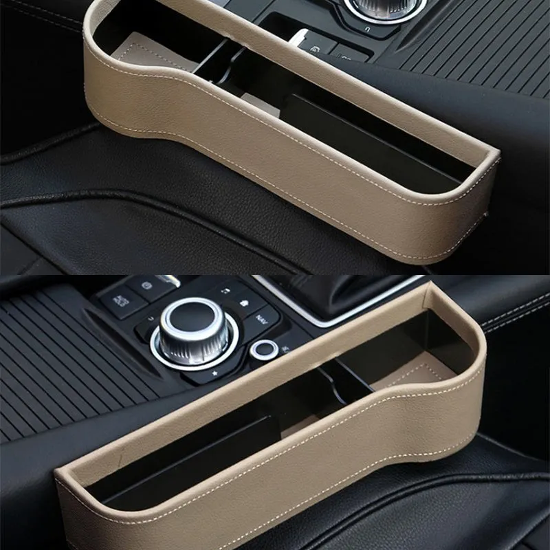 PU leather car seat gap storage box in black holding a smartphone and wallet between the console and seat
