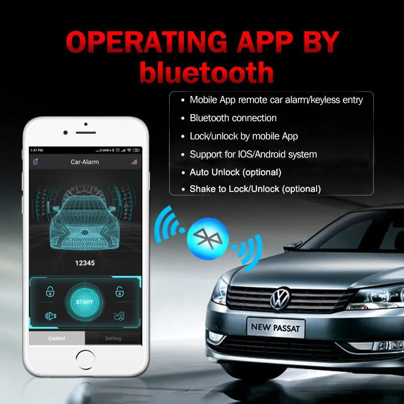 Black VT-300BT Bluetooth car alarm anti-theft device for 12V vehicles without remote control
