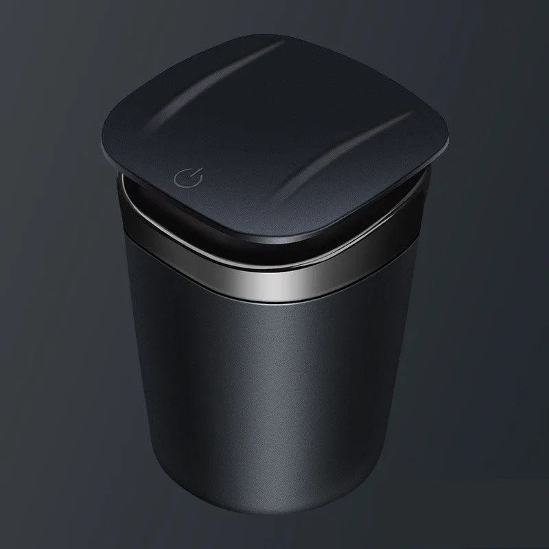 Portable metal car ashtray with automatic LED light in cool black colour, 105mm height