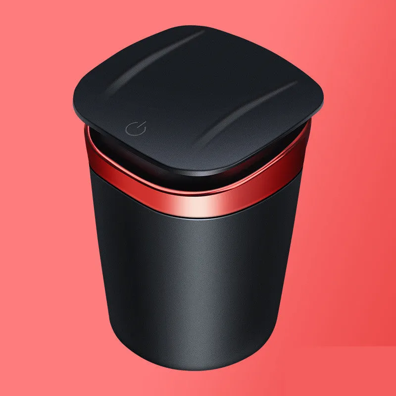 Portable metal car ashtray with automatic LED light in cool black colour, 105mm height