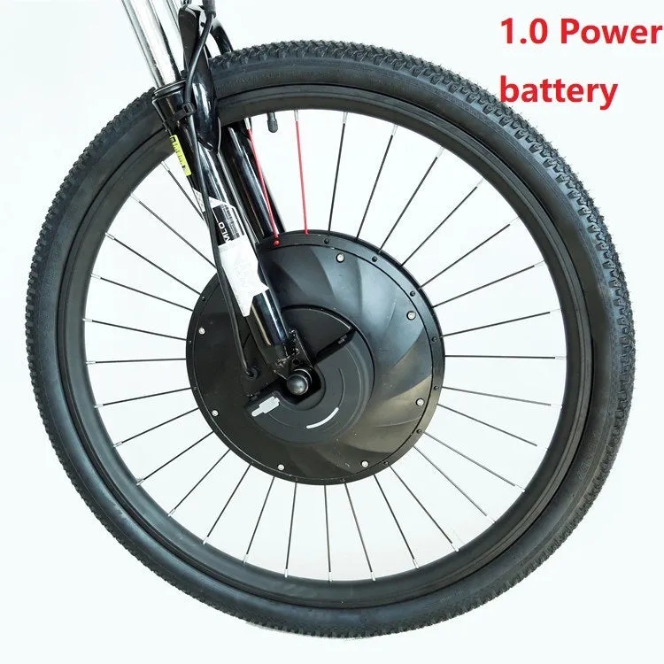 Yunzhilun 26-inch bicycle electric conversion kit showing hub motor wheel, lithium battery pack, and charger.