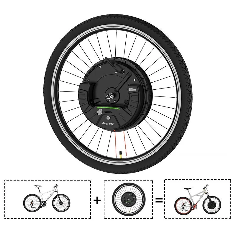 Yunzhilun 26-inch bicycle electric conversion kit showing hub motor wheel, lithium battery pack, and charger.