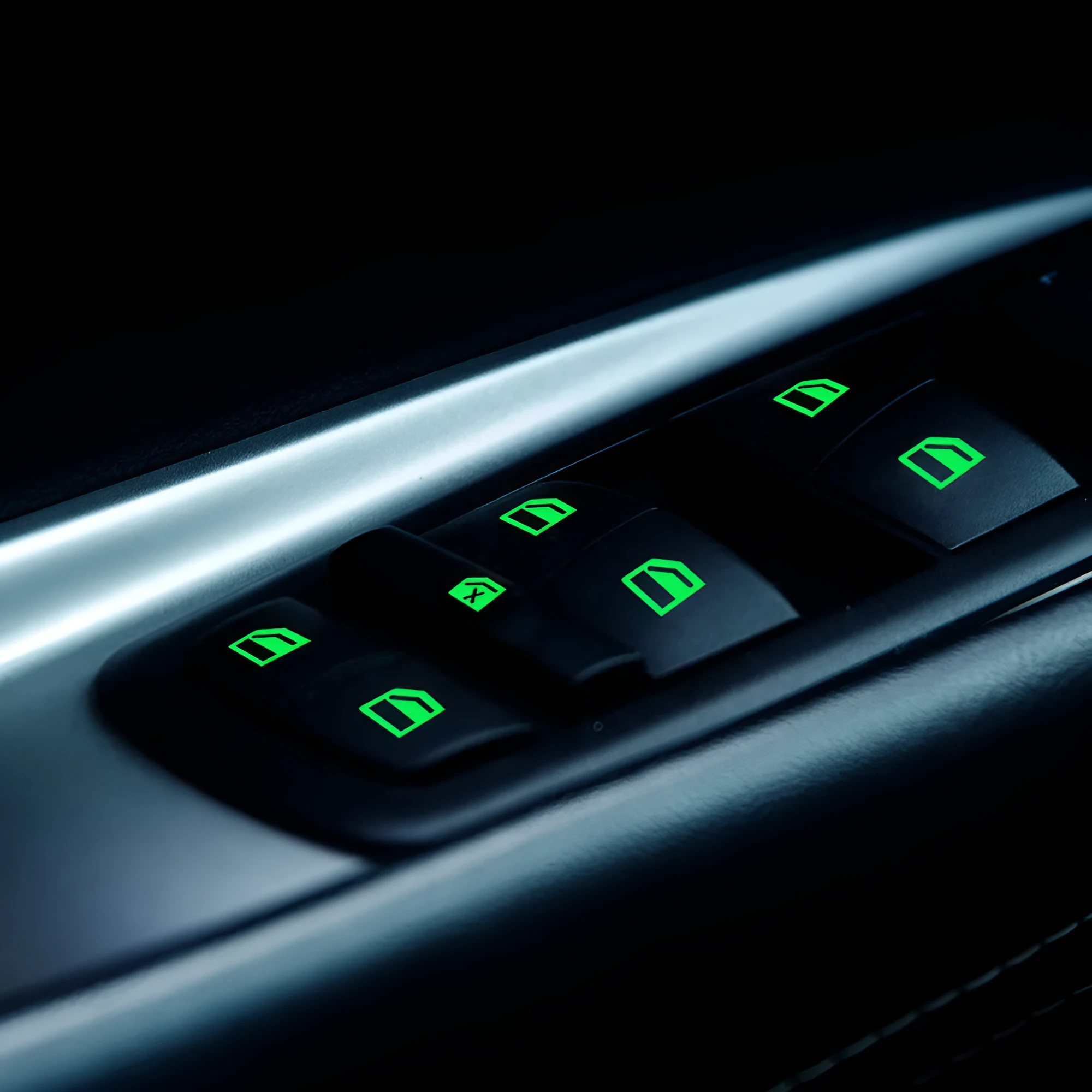 Car window luminous key sticker in blue, green, and orange colours on a window button interior