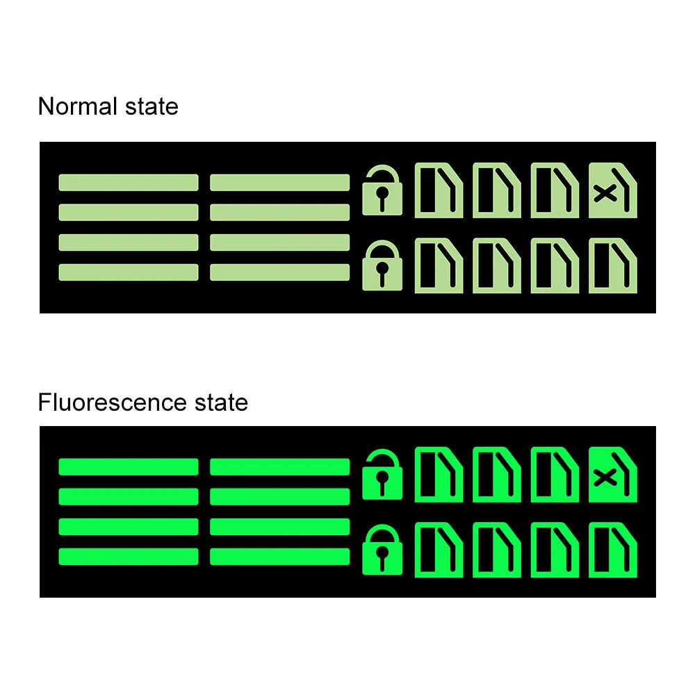 Car window luminous key sticker in blue, green, and orange colours on a window button interior