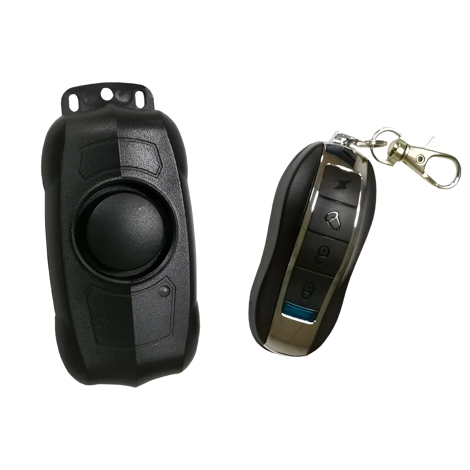 Black vibration anti-theft alarm host unit and remote control with IPX4 waterproof rating