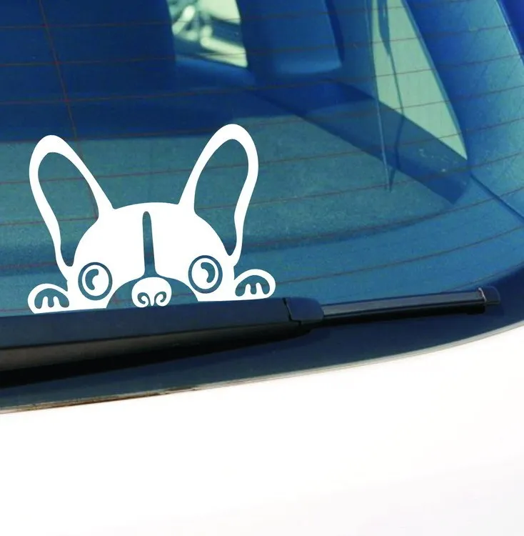 French bulldog reflective car sticker 15cm x 10cm in black, applied to a car window