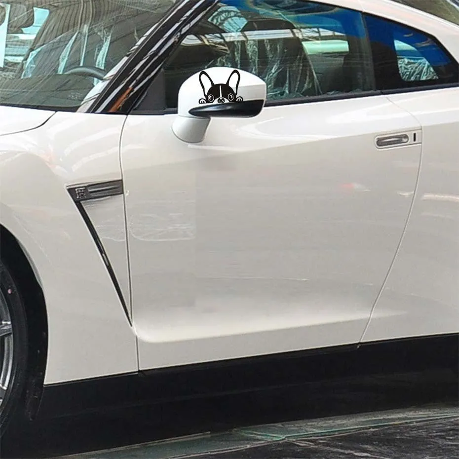 French bulldog reflective car sticker 15cm x 10cm in black, applied to a car window