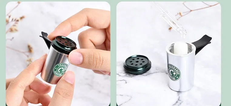 Silver alloy solid perfume seat in coffee cup shape with natural plant fragrance on a wooden desk
