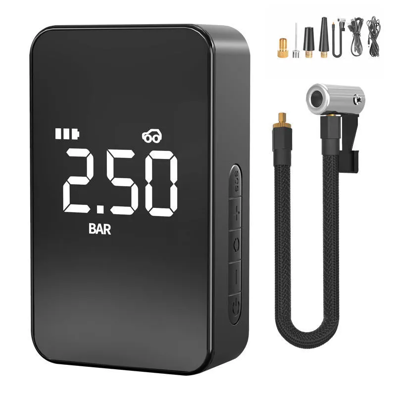 Compact black wireless tyre inflator pump with digital display screen and LED light on a blue flannelette bag.