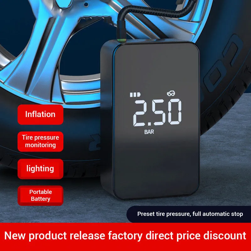 Compact black wireless tyre inflator pump with digital display screen and LED light on a blue flannelette bag.