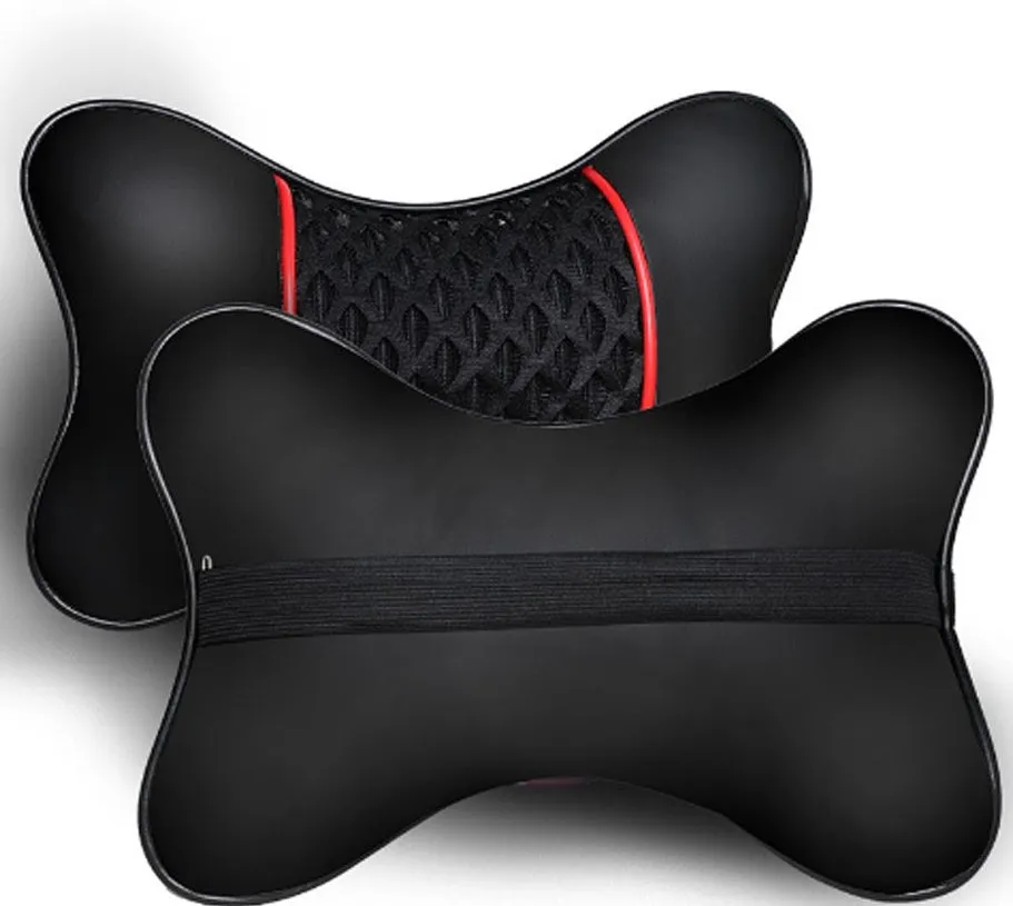 Car headrest neck pillow with green leather exterior available in black and red colour options