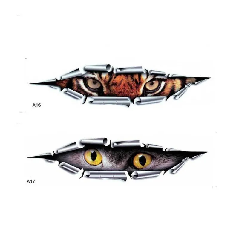 Tiger Eye and Eagle Eye design 3D car door sticker on PVC material, 10 by 35 cm.
