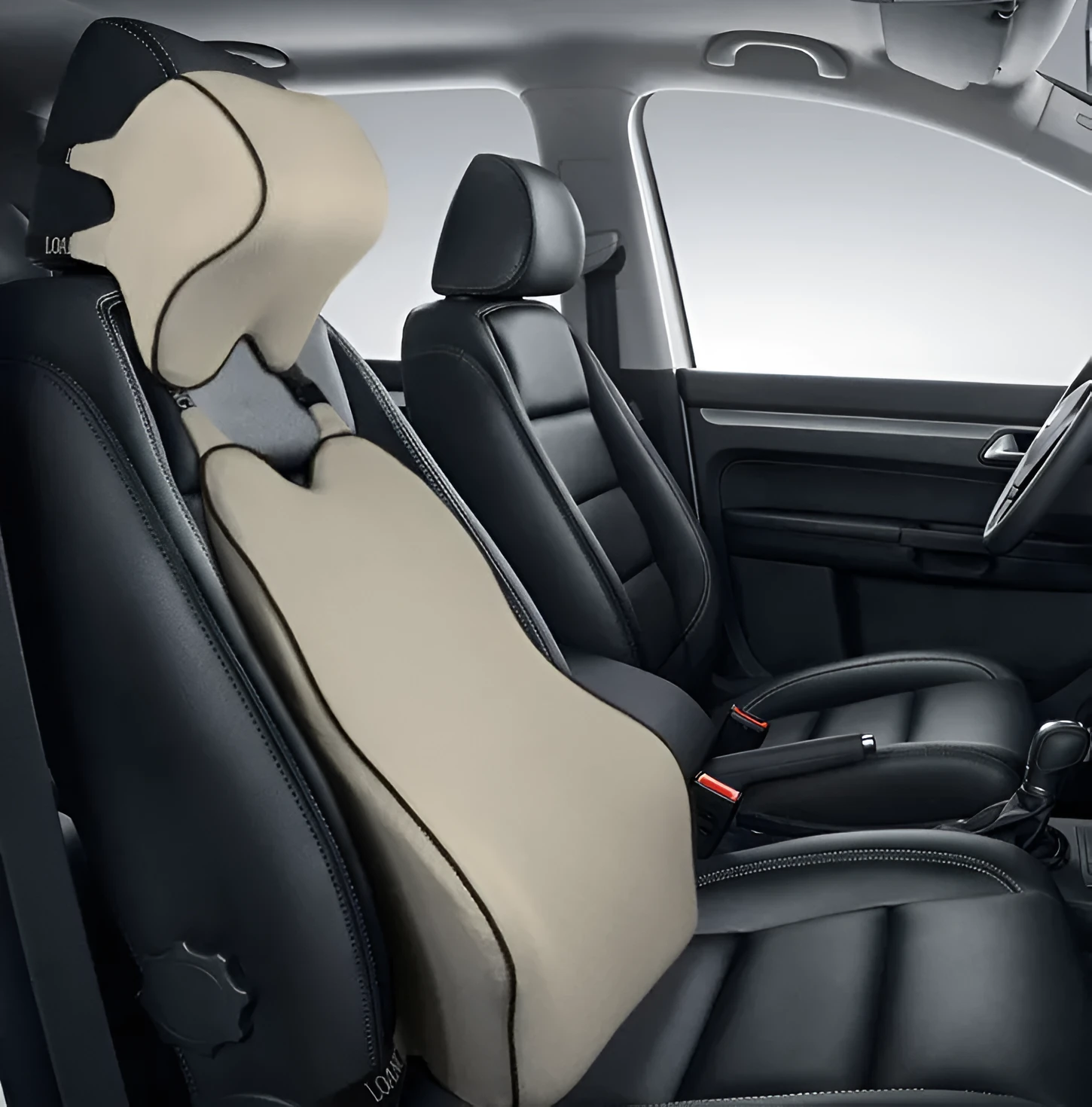 Car neck pillow and lumbar set with memory cotton filling in beige, black, and gray colour options