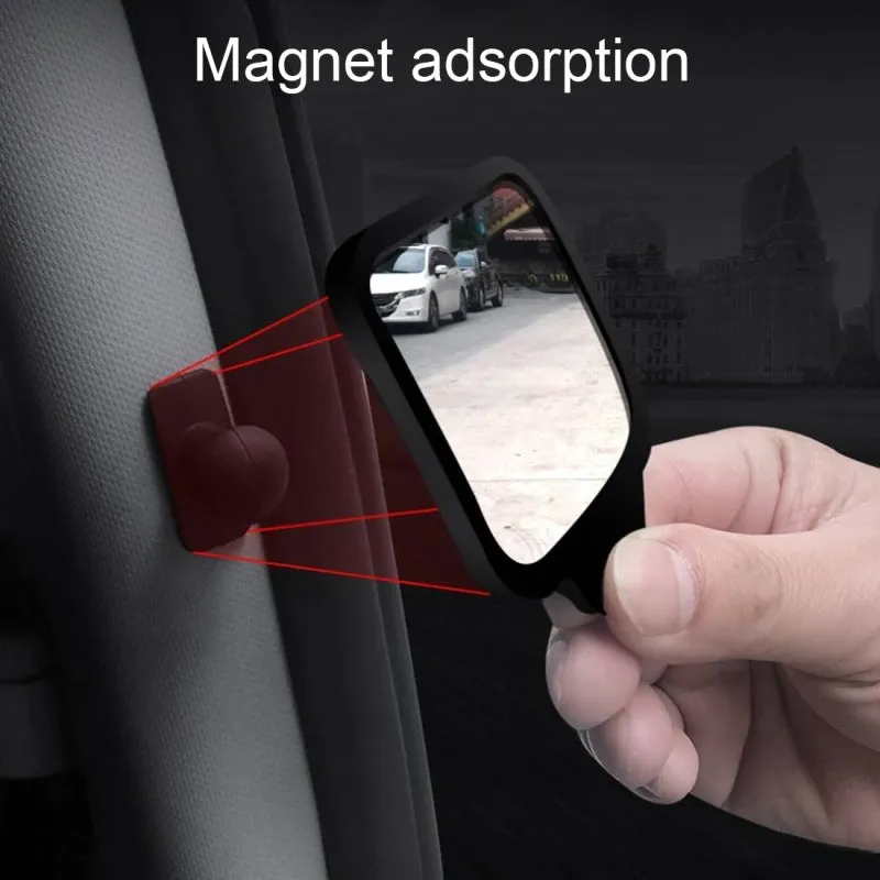 Compact car rear view mirror with plastic housing and glass surface, measuring 7x6x1cm.