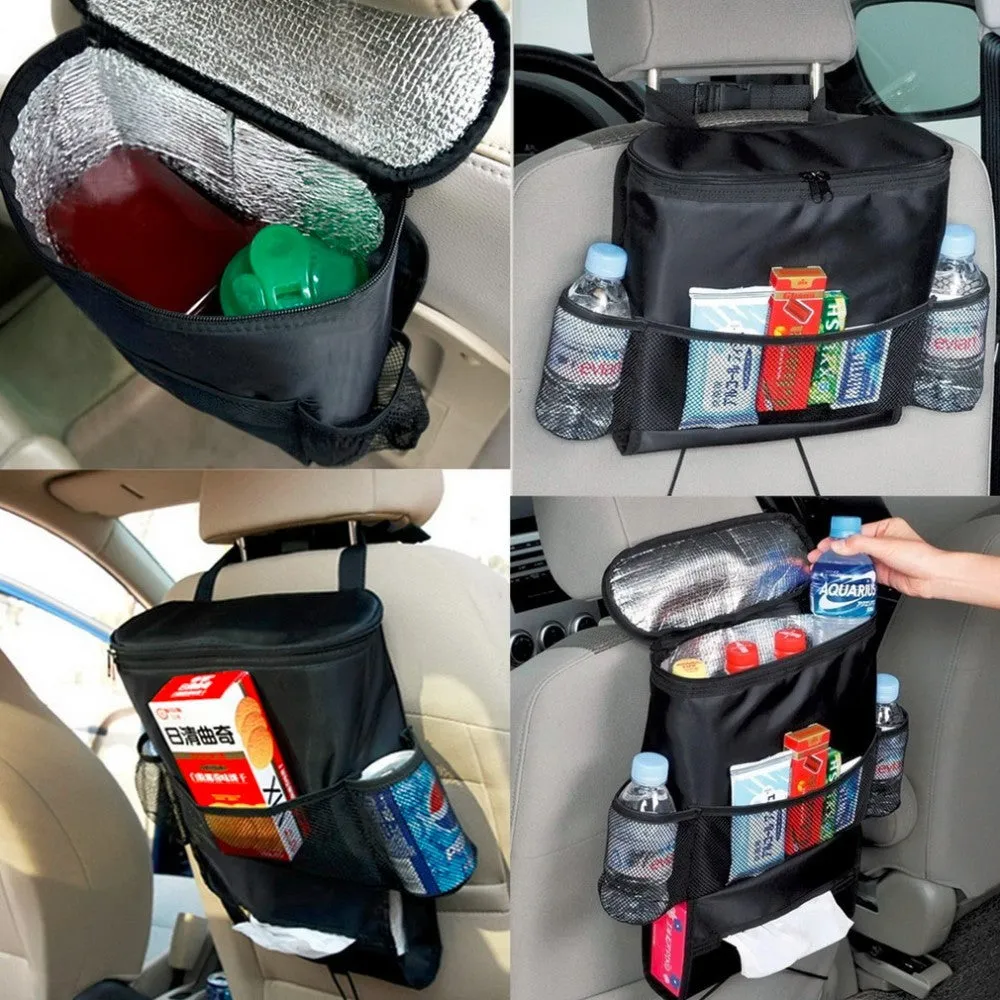 Black nylon multi-pocket car seat back organiser with adjustable straps measuring 28cm x 10cm x 22cm