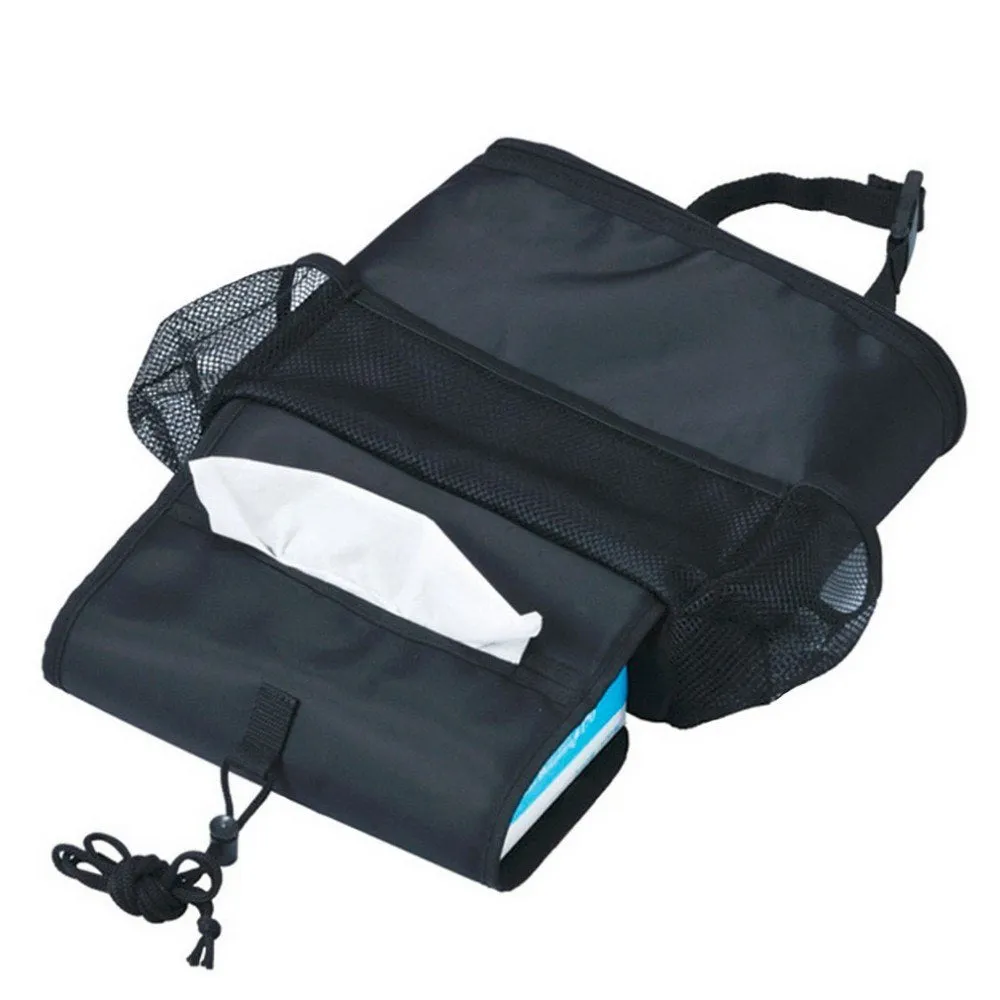 Black nylon multi-pocket car seat back organiser with adjustable straps measuring 28cm x 10cm x 22cm
