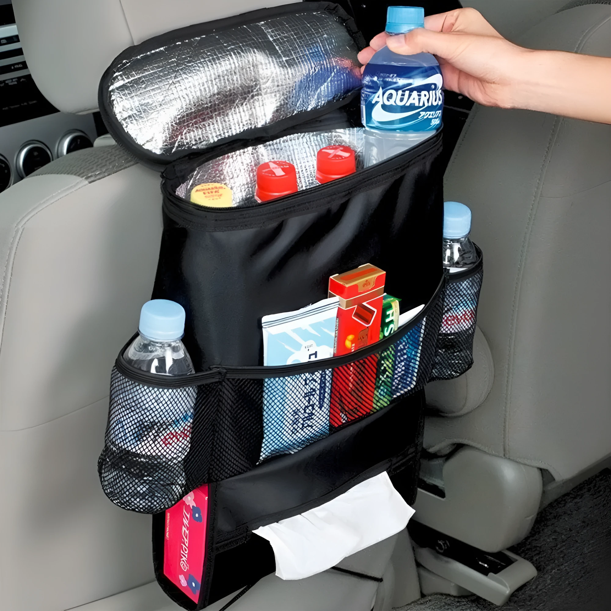 Black nylon multi-pocket car seat back organiser with adjustable straps measuring 28cm x 10cm x 22cm