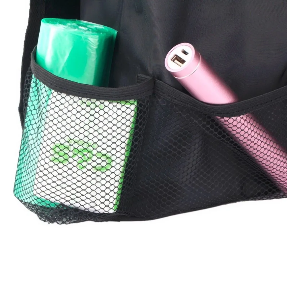 Black nylon multi-pocket car seat back organiser with adjustable straps measuring 28cm x 10cm x 22cm