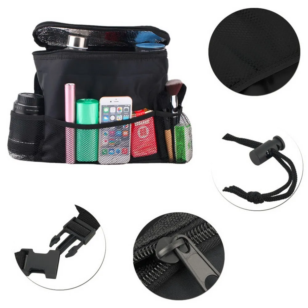 Black nylon multi-pocket car seat back organiser with adjustable straps measuring 28cm x 10cm x 22cm