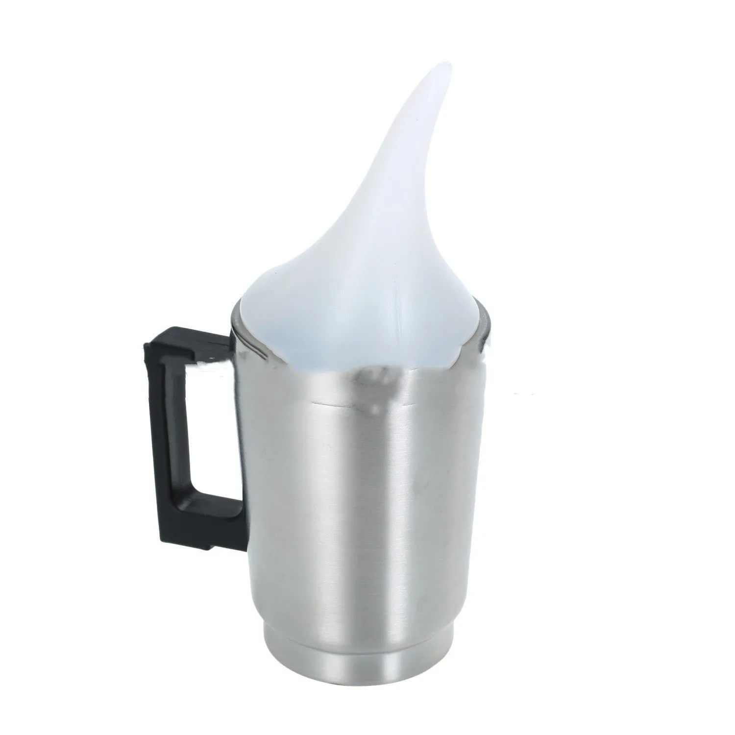 Stainless steel headlamp repair cups with elbow and funnel covers next to GB/US and European power adapters