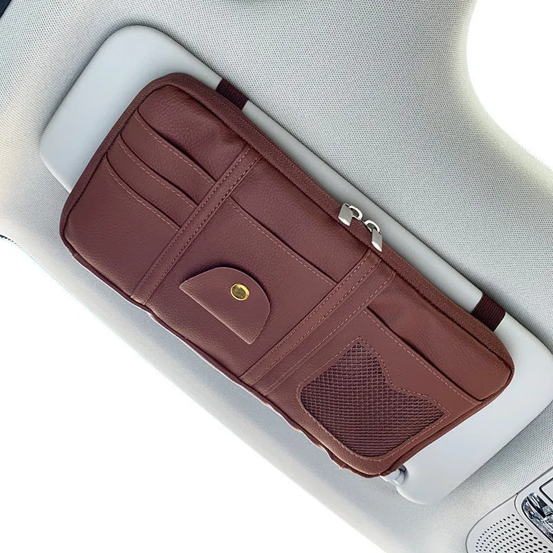 Full leather wrap PU leather car sun visor organizer with net bag, card holder, and zipper compartments in black