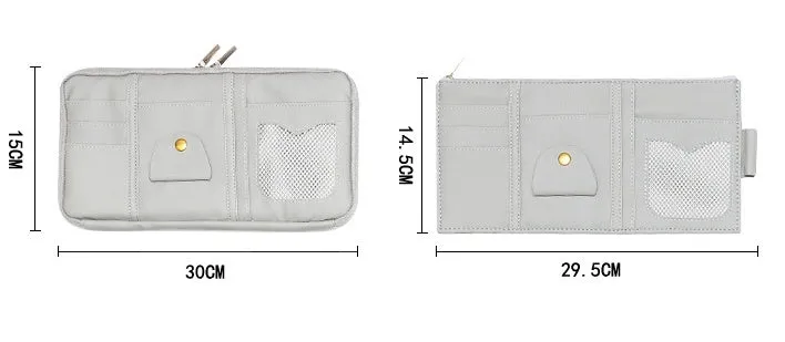 Full leather wrap PU leather car sun visor organizer with net bag, card holder, and zipper compartments in black