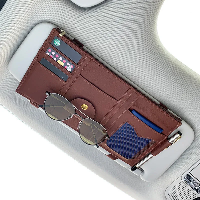 Full leather wrap PU leather car sun visor organizer with net bag, card holder, and zipper compartments in black