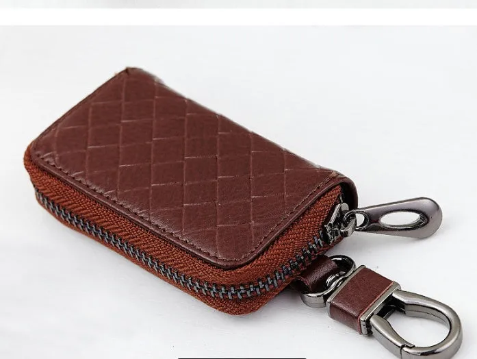 Woven split leather car key case in black, 9.5cm by 5.5cm by 2cm