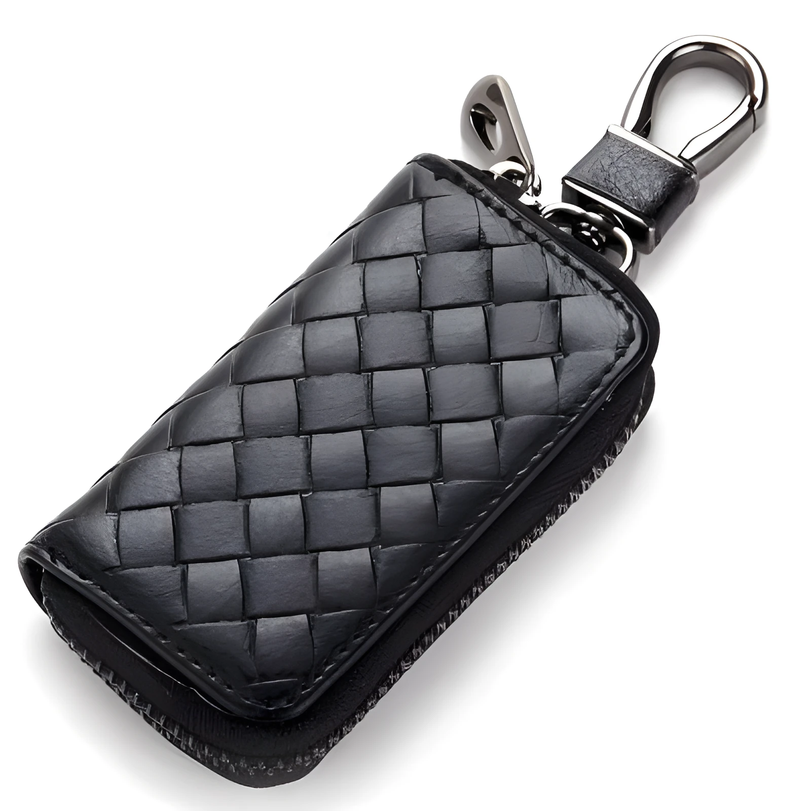 Woven split leather car key case in black, 9.5cm by 5.5cm by 2cm