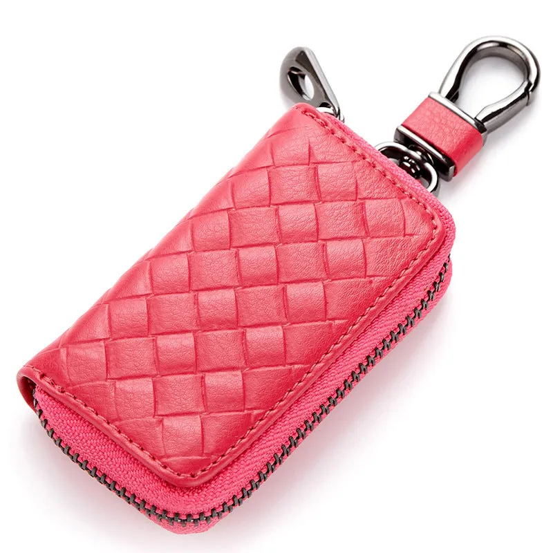 Woven split leather car key case in black, 9.5cm by 5.5cm by 2cm