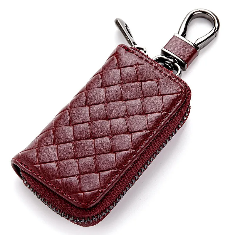 Woven split leather car key case in black, 9.5cm by 5.5cm by 2cm