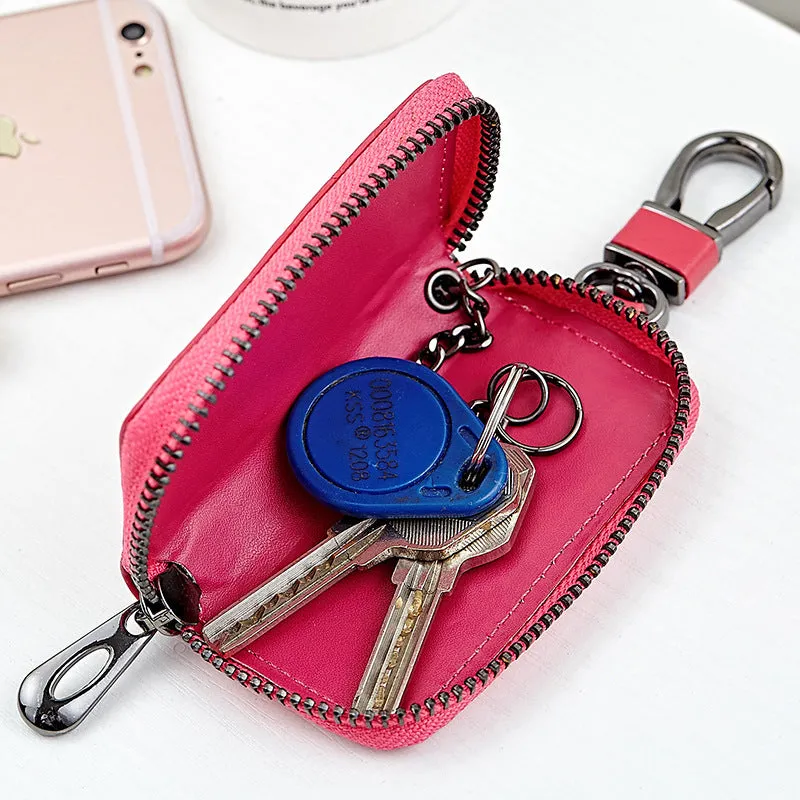 Woven split leather car key case in black, 9.5cm by 5.5cm by 2cm