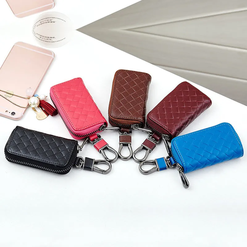 Woven split leather car key case in black, 9.5cm by 5.5cm by 2cm