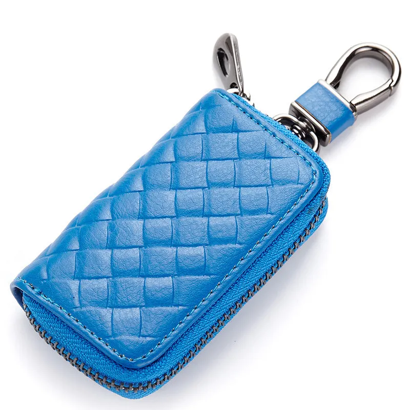Woven split leather car key case in black, 9.5cm by 5.5cm by 2cm
