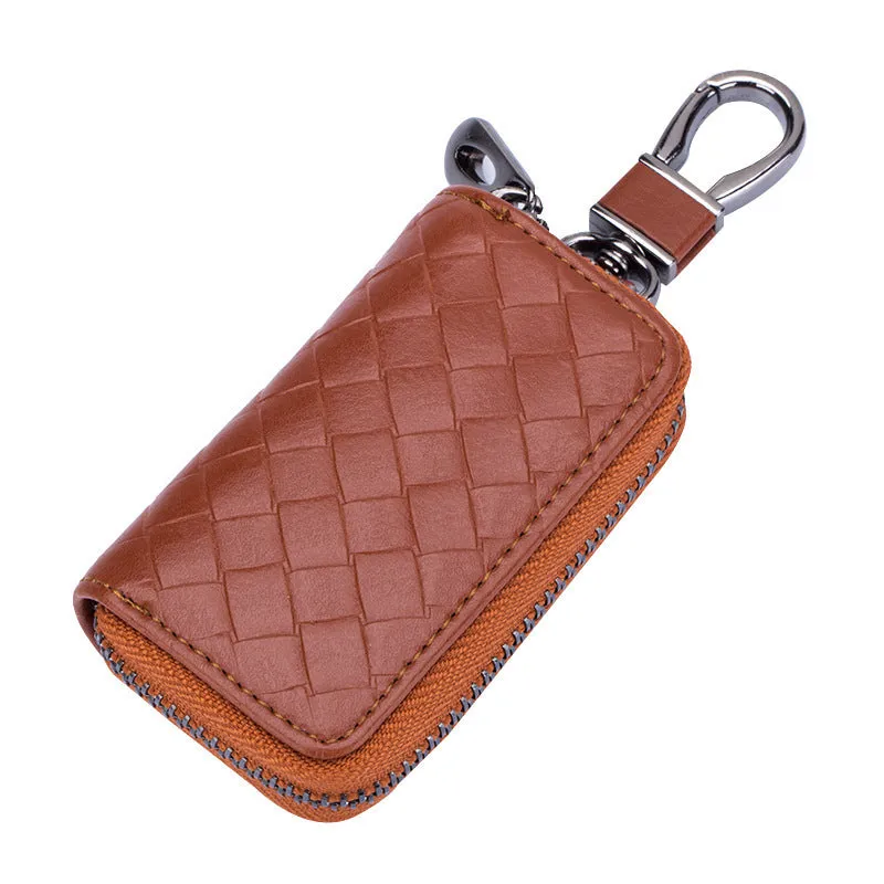 Woven split leather car key case in black, 9.5cm by 5.5cm by 2cm