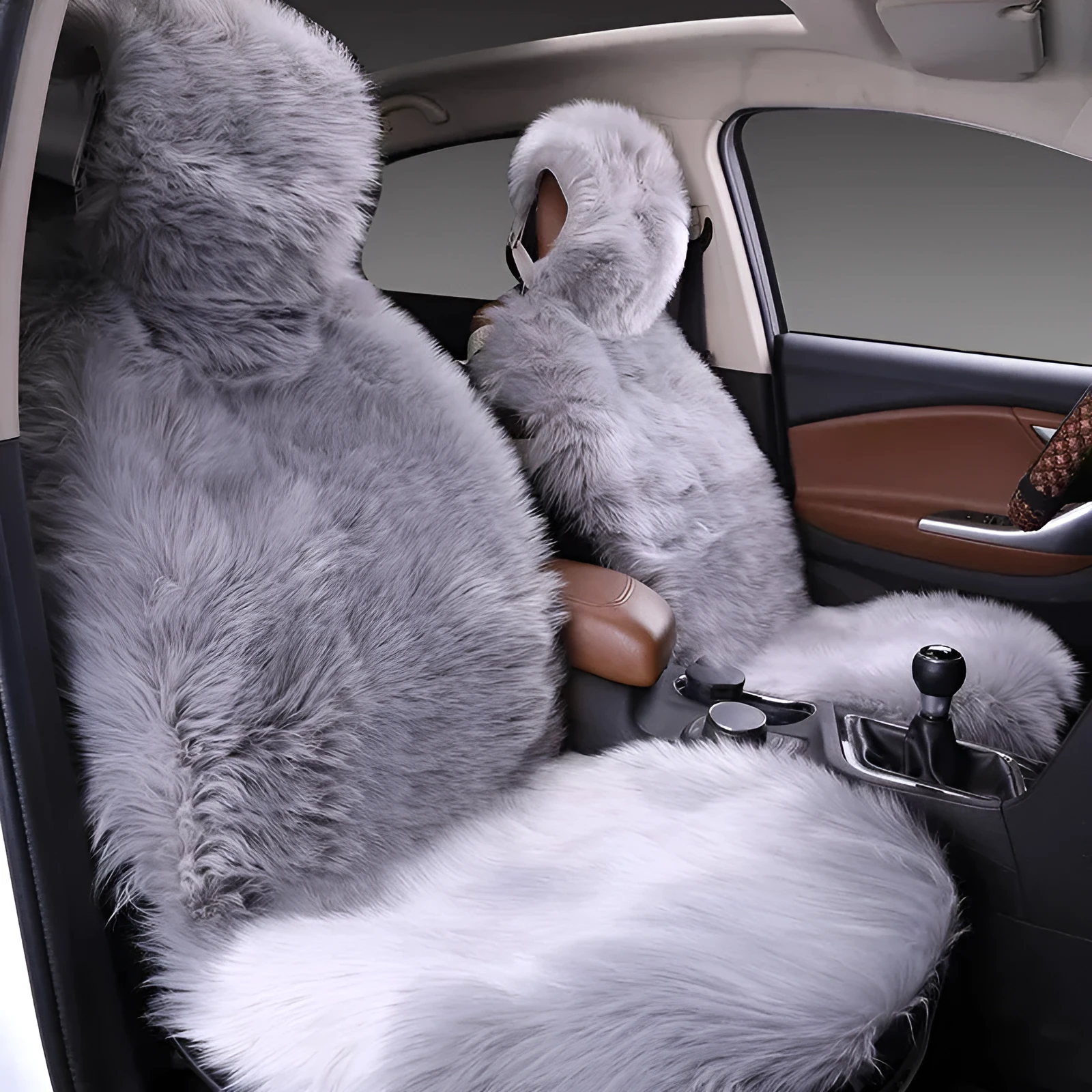 Three-piece plush car seat cushion set in gray for winter, universal fit for most vehicles