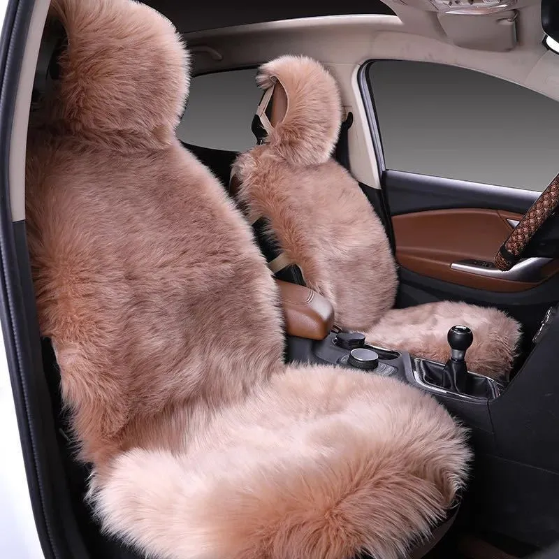 Three-piece plush car seat cushion set in gray for winter, universal fit for most vehicles