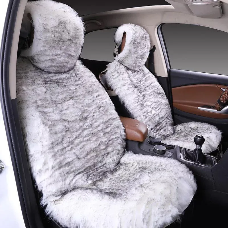 Three-piece plush car seat cushion set in gray for winter, universal fit for most vehicles