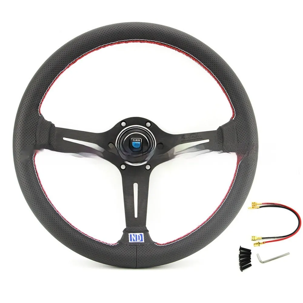 14-inch leather steering wheel with concave middle section, showing black leather and silver skeleton option.