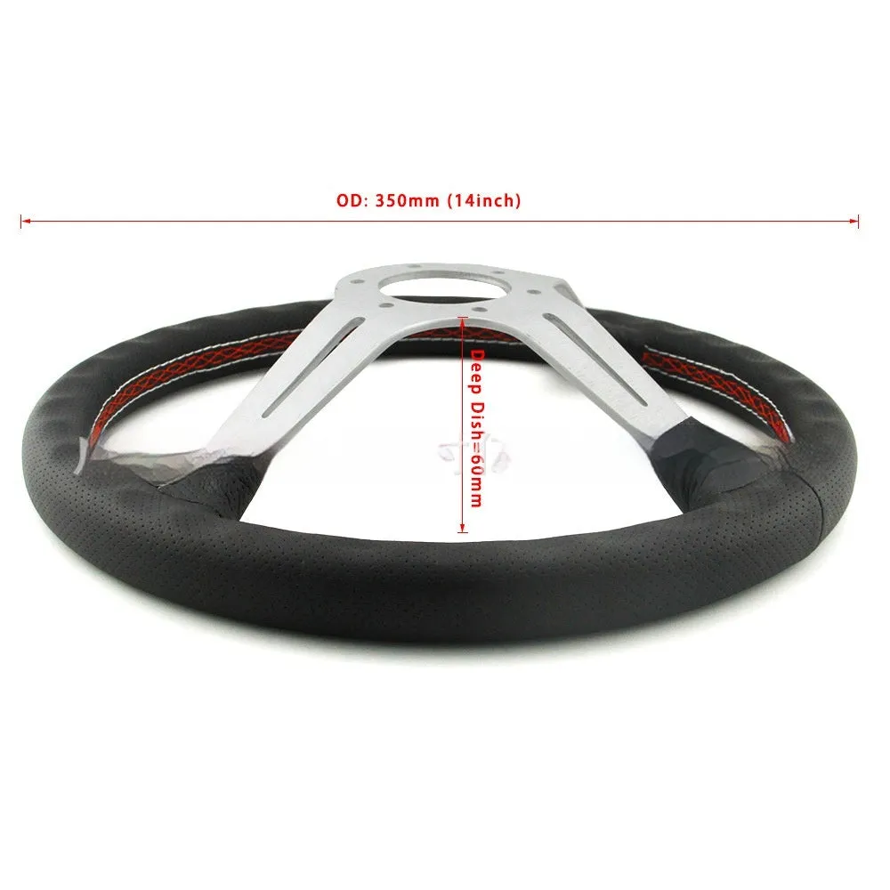 14-inch leather steering wheel with concave middle section, showing black leather and silver skeleton option.