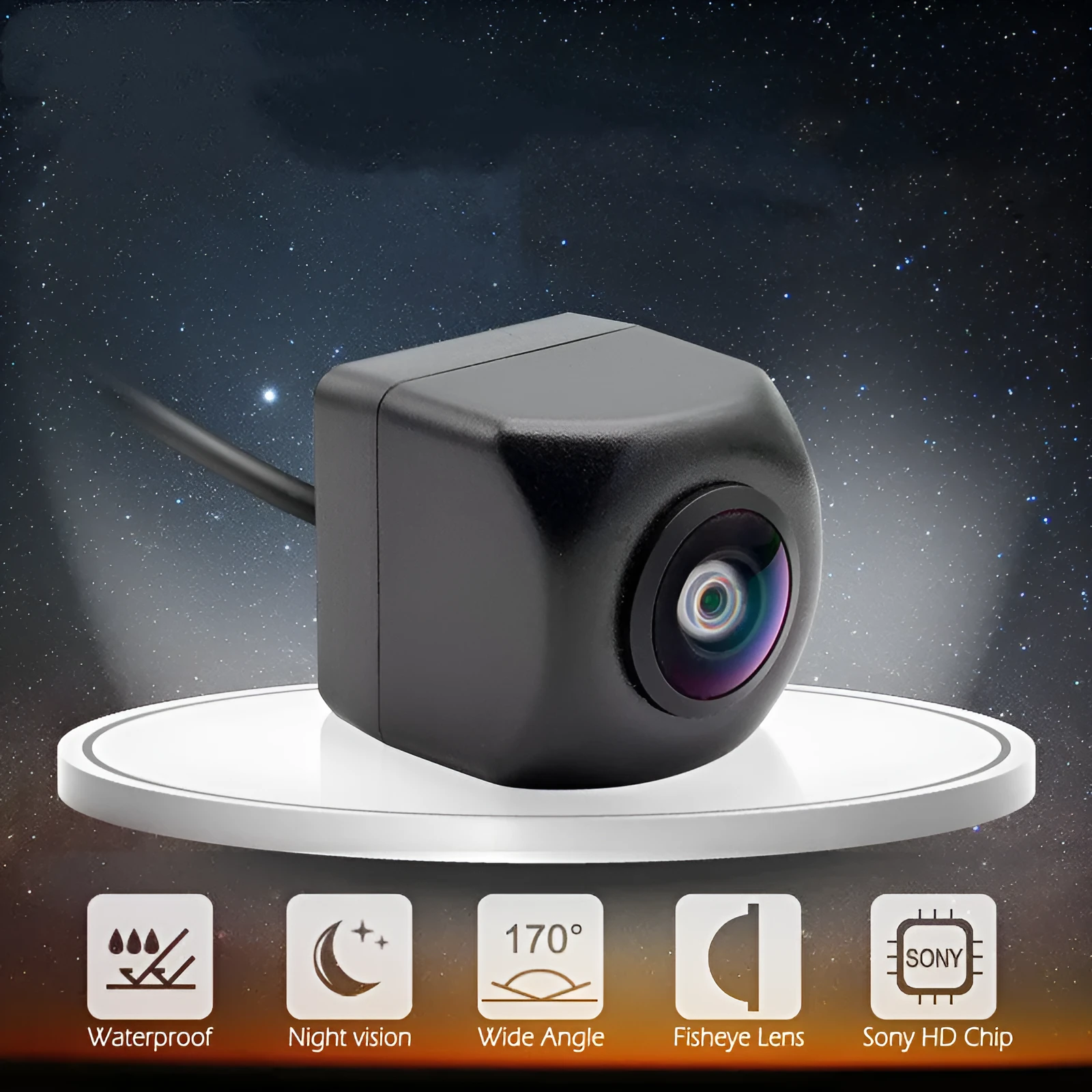 Black car non-light night vision fisheye camera with 170-degree angle and video cable