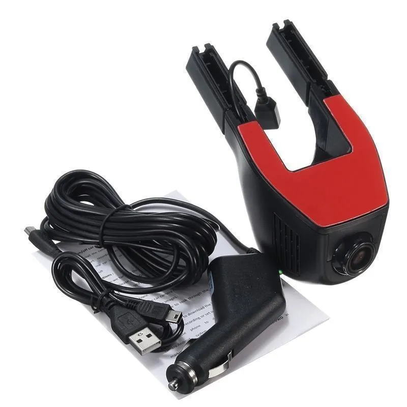 HD 1080P WiFi dash cam with night vision, 140-degree lens, black screenless body, parking monitoring