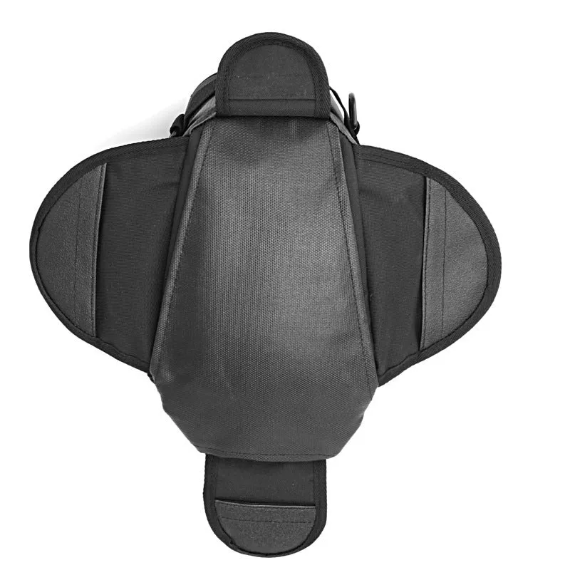 Black motorcycle fuel tank bag measuring 350x170mm attached to a bike