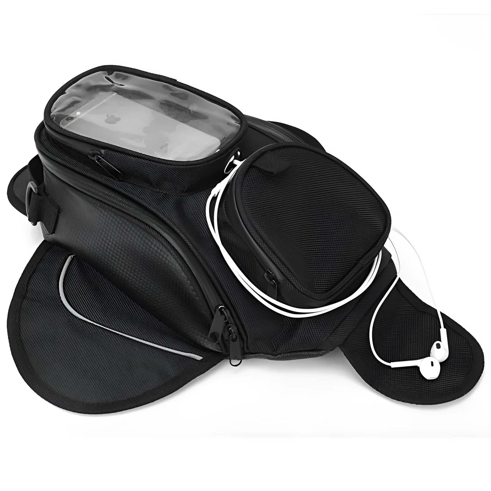 Black motorcycle fuel tank bag measuring 350x170mm attached to a bike