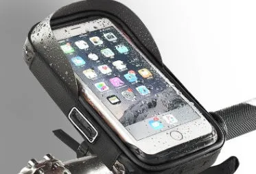 Black nylon cycle mobile phone bracket bag with 6.0 inch screen window, water resistant, anti-glare visor, and tool-free adjustable base