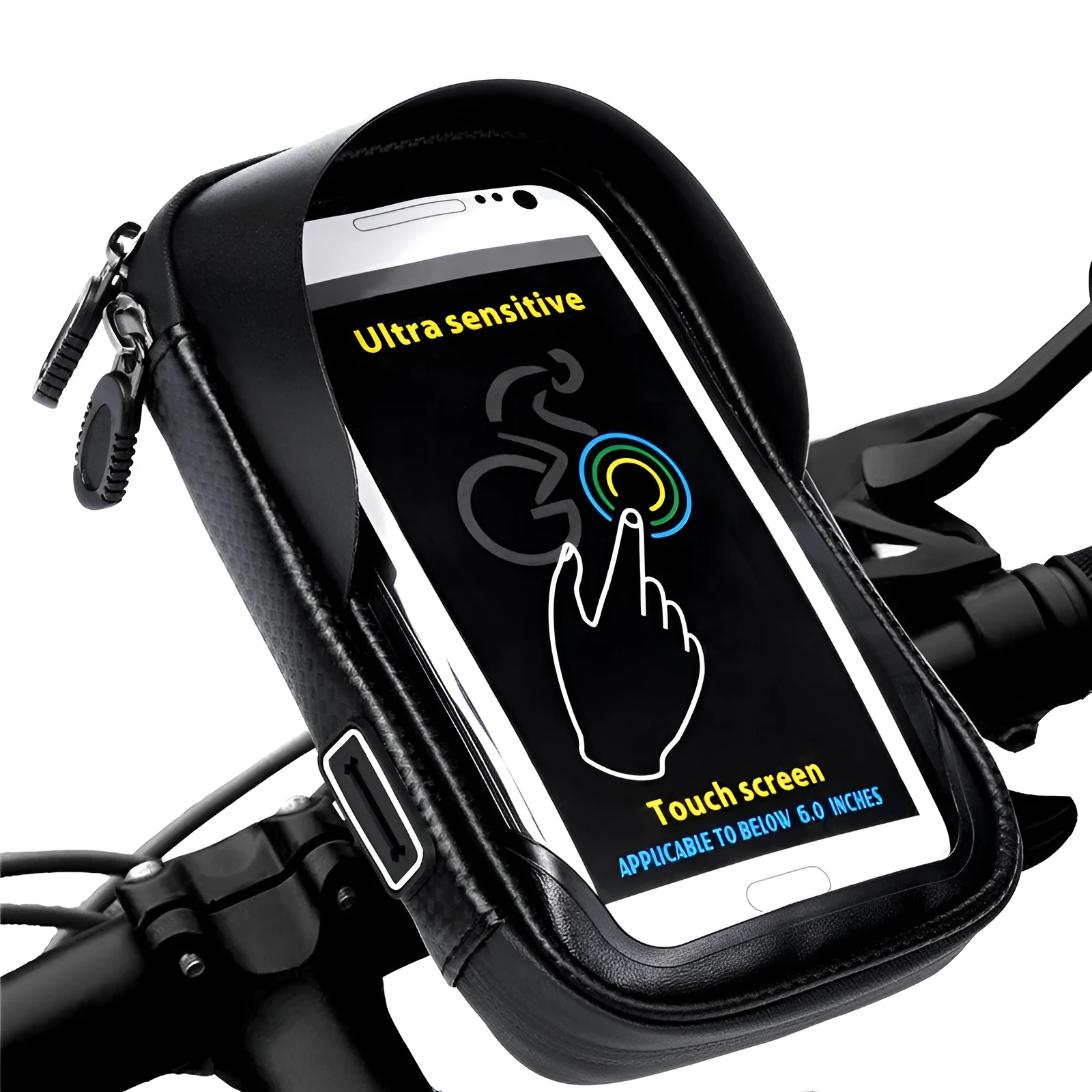 Black nylon cycle mobile phone bracket bag with 6.0 inch screen window, water resistant, anti-glare visor, and tool-free adjustable base
